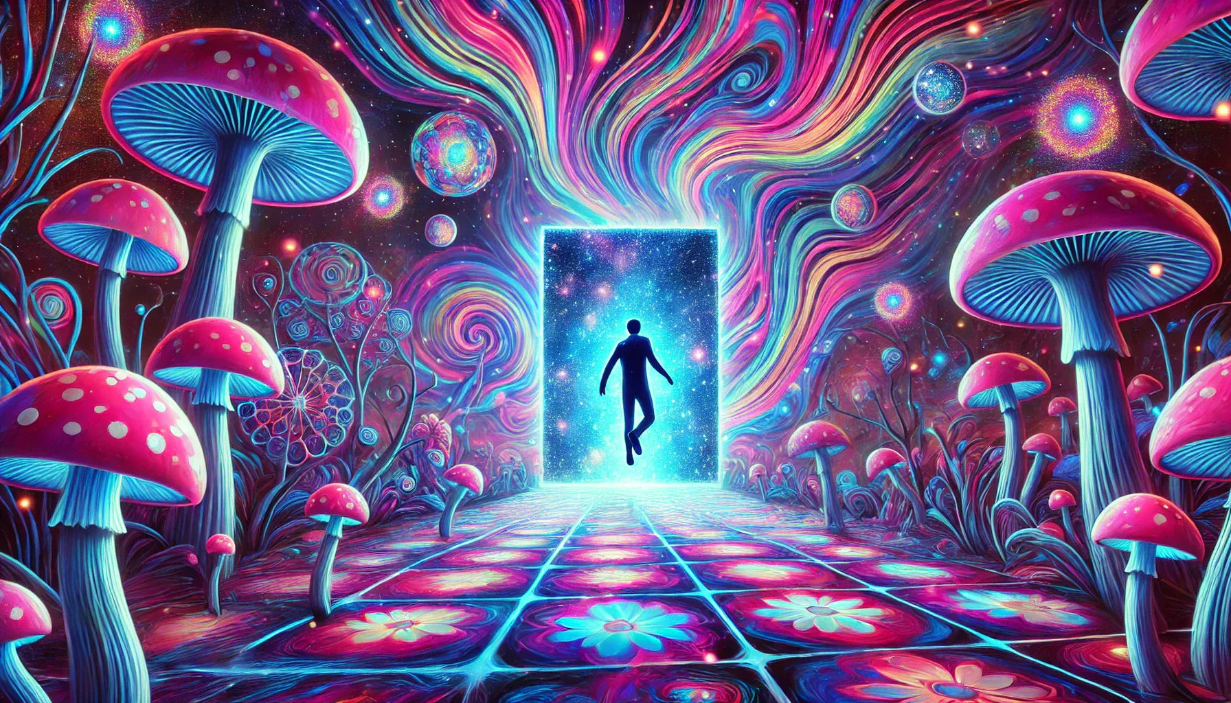 Psychedelic journey scene from Trip Chews' Trip Chronicles — a figure stepping into a glowing portal surrounded by vibrant neon mushrooms, swirling cosmic patterns, and colorful lights.