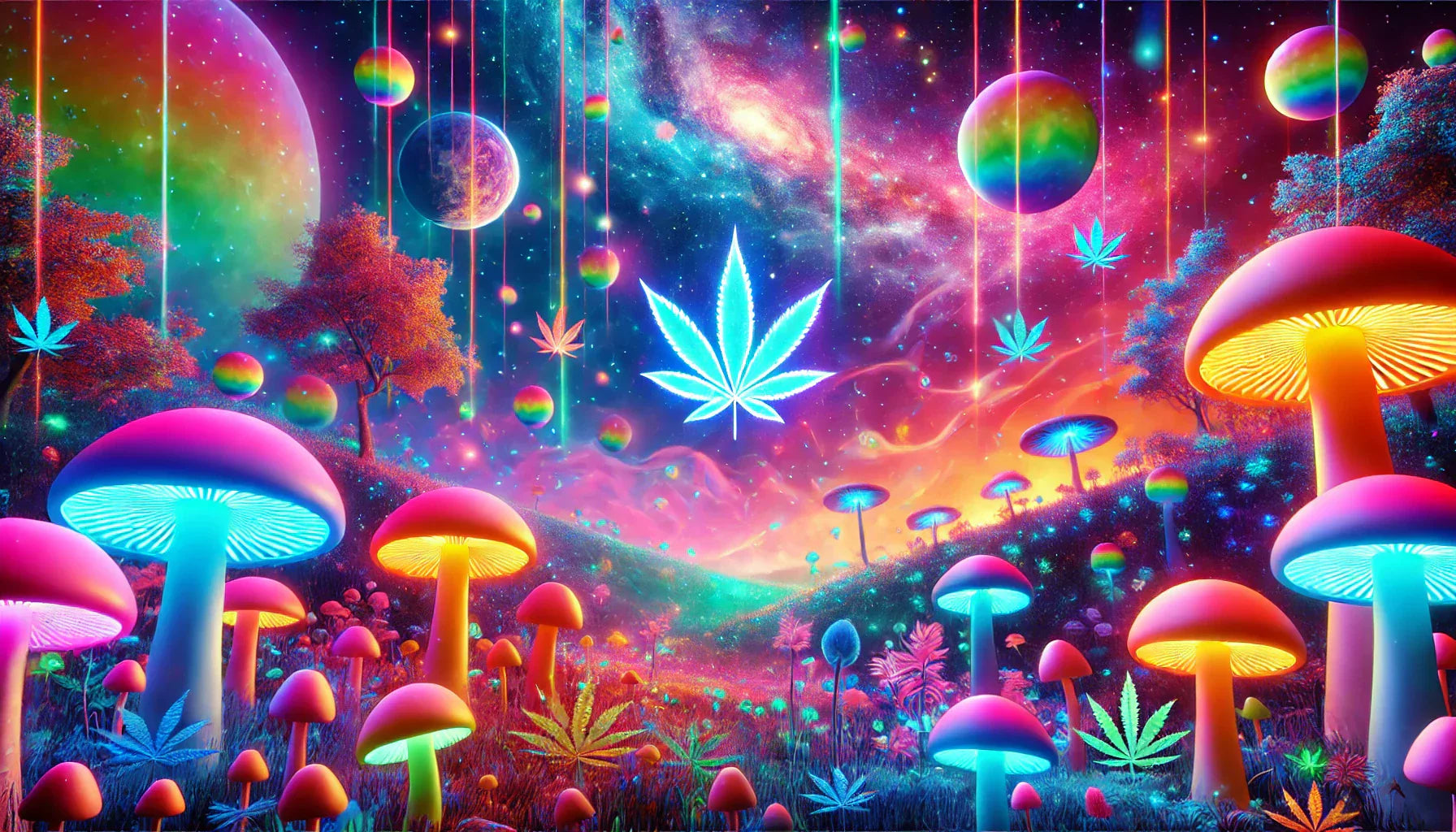 Colorful psychedelic mushroom landscape with glowing THC cannabis leaves and a vibrant surreal background — Welcome to Trip Chews.