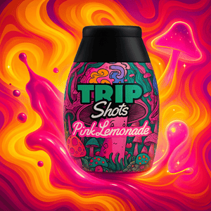 Colorful bottle labeled 'Trip Shots Pink Lemonade' on a vibrant, abstract background with mushrooms.