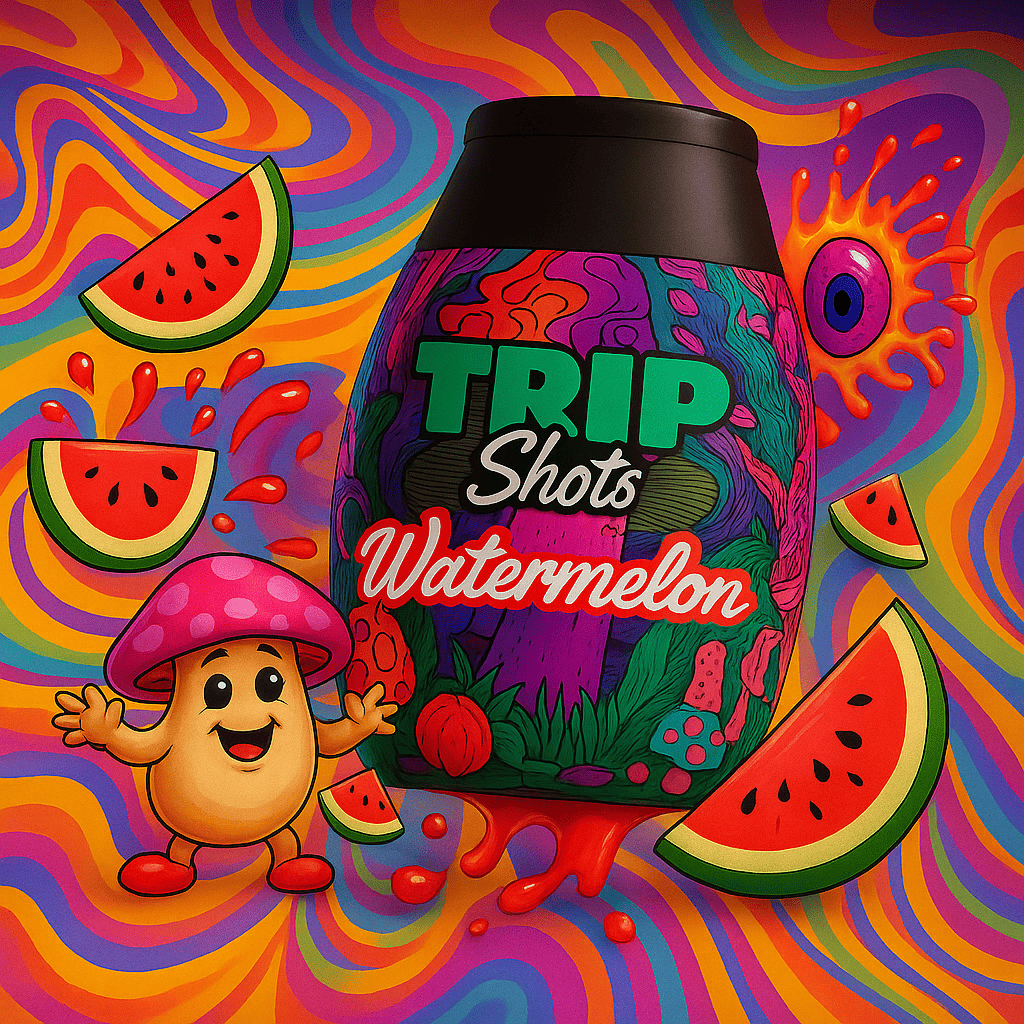 Colorful 'Trip Shots Watermelon' container with a mushroom character on a psychedelic background.