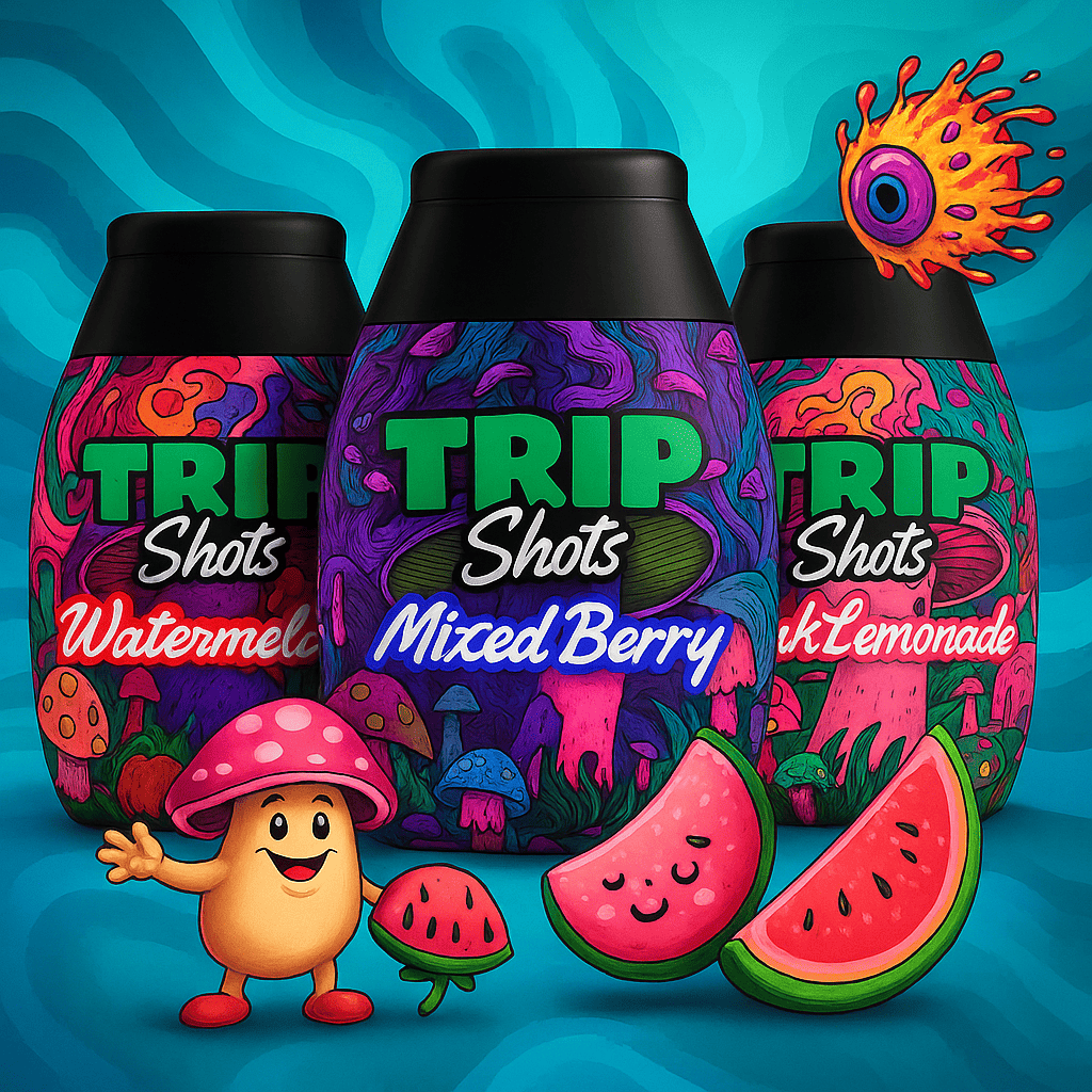 Colorful 'Trip Shots' drink containers with mushroom character and fruit graphics on a blue background