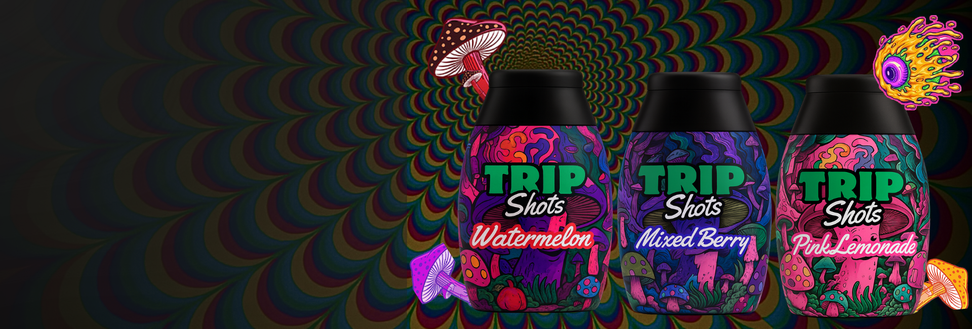 Three colorful 'TRIP Shots' bottles on a psychedelic background