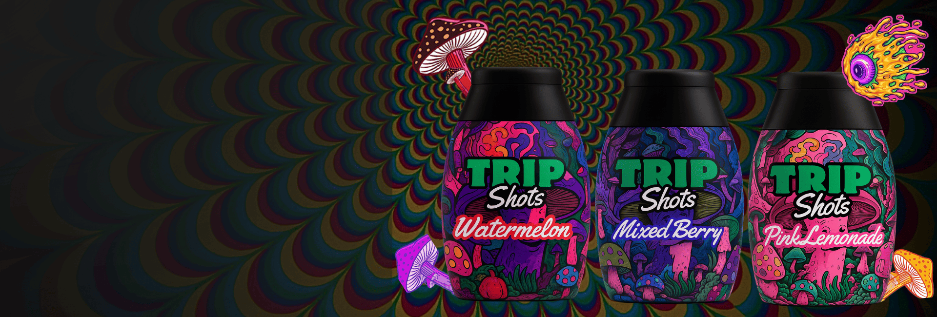 Three colorful 'TRIP Shots' bottles on a psychedelic background