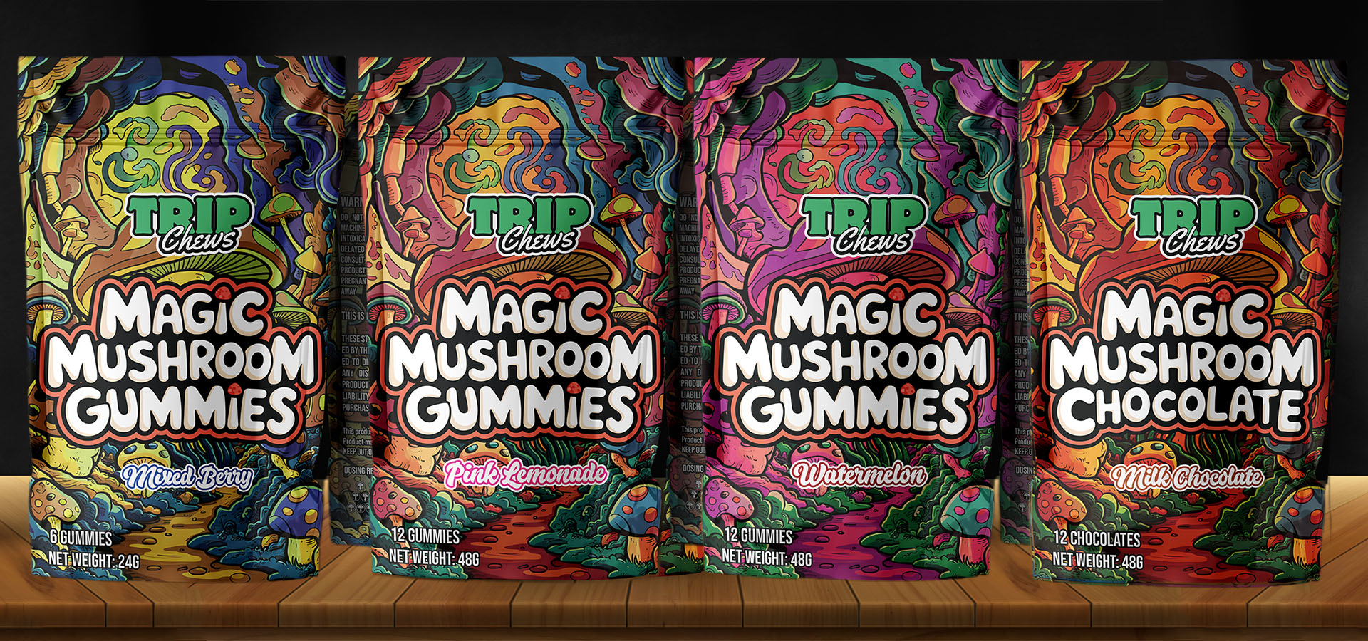 TripChews Magic Mushroom Gummies and Chocolate lineup, featuring Mixed Berry, Pink Lemonade, Watermelon, and Milk Chocolate flavors. Each package showcases a psychedelic, colorful design with mushroom-inspired artwork. Gummies come in 6 or 12 pieces, and the chocolate contains 12 pieces per bag. Displayed on a wooden surface for a premium look