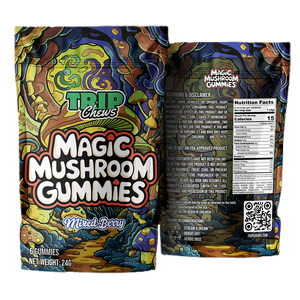 Trip Chews Magic Mushroom Gummies – Mixed Berry Flavor | Front and Back Packaging with Nutrition Facts and Psychedelic Design – TripChews.com
