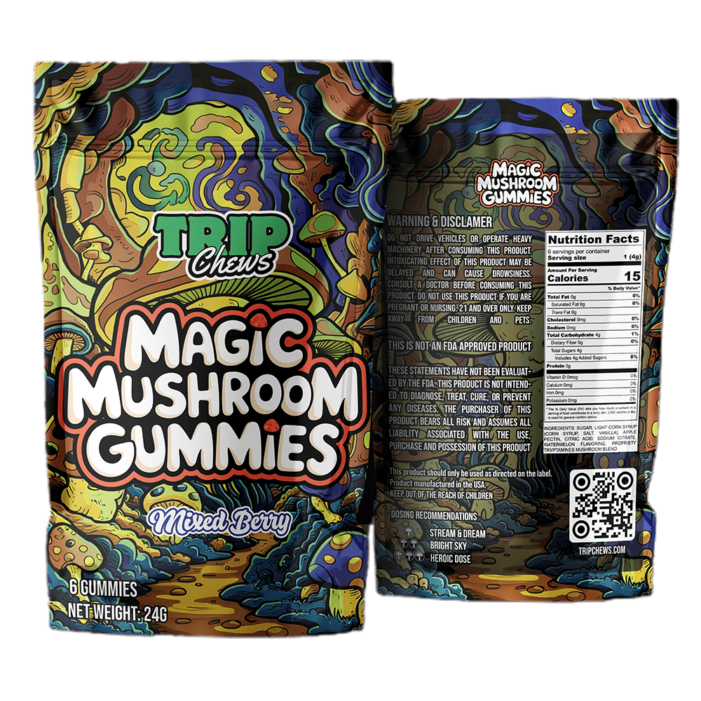 Trip Chews Magic Mushroom Gummies – Mixed Berry Flavor | Front and Back Packaging with Nutrition Facts and Psychedelic Design – TripChews.com
