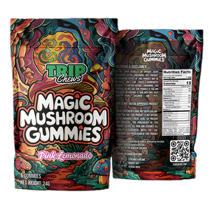 Trip Chews Magic Mushroom Gummies – Pink Lemonade  Flavor | Front and Back Packaging with Nutrition Facts and Psychedelic Design – TripChews.com