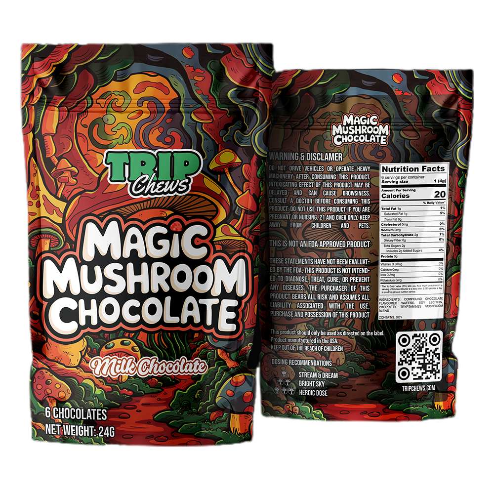 Trip Chews Magic Mushroom Chocolate – Milk Chocolate Flavor | Front and Back Packaging with Nutrition Facts and Psychedelic Design – TripChews.com