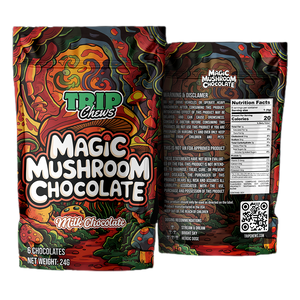 Trip Chews Magic Mushroom Chocolate – Milk Chocolate Flavor | Front and Back Packaging with Nutrition Facts and Psychedelic Design – TripChews.com