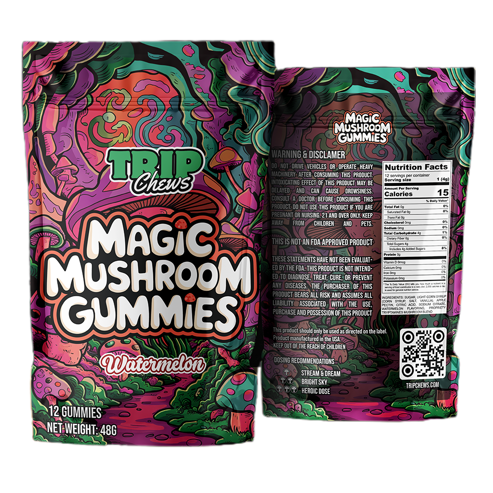 Trip Chews Magic Mushroom Gummies – Watermelon Flavor | Front and Back Packaging with Nutrition Facts and Psychedelic Design – TripChews.com