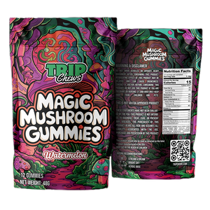 Trip Chews Magic Mushroom Gummies – Watermelon Flavor | Front and Back Packaging with Nutrition Facts and Psychedelic Design – TripChews.com