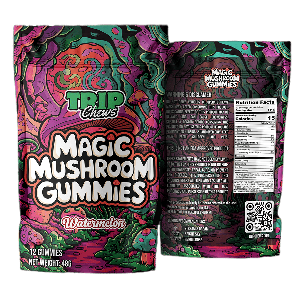 Trip Chews Magic Mushroom Gummies – Watermelon Flavor | Front and Back Packaging with Nutrition Facts and Psychedelic Design – TripChews.com