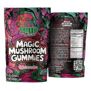 Trip Chews Magic Mushroom Gummies – Watermelon Flavor | Front and Back Packaging with Nutrition Facts and Psychedelic Design – TripChews.com