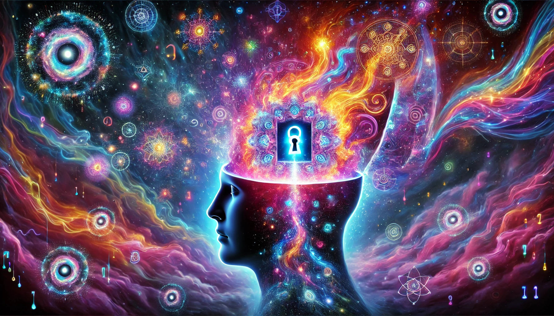 Cosmic mind-opening scene from Trip Chews' Trip Chronicles — a human head with a glowing brain unlocking into a galaxy of colors, with swirling psychedelic visuals and cosmic patterns.