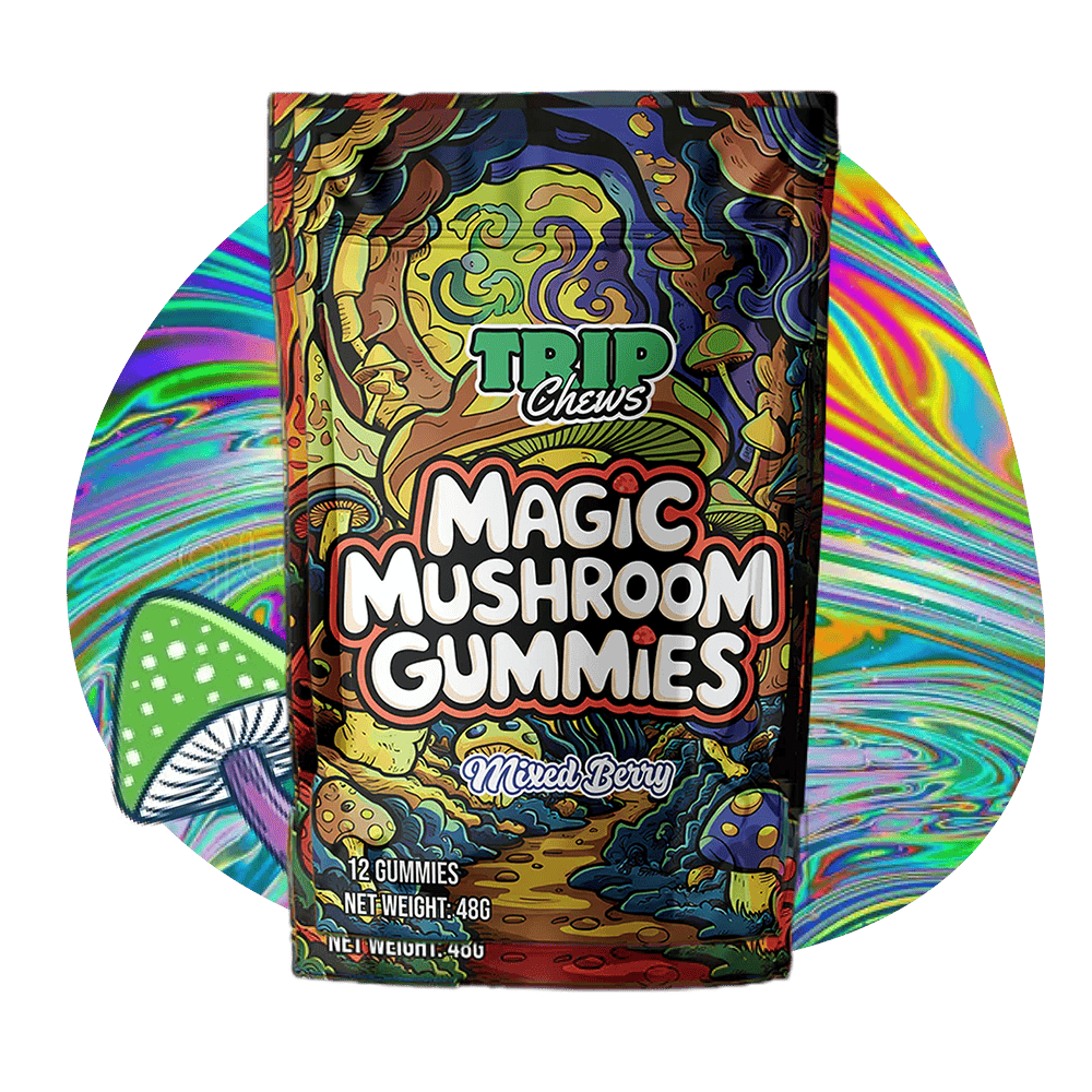 Trip Chews Magic Mushroom Gummies – Mixed Berry Flavor | Psychedelic-Inspired Packaging with Vibrant, Trippy Design – TripChews.com