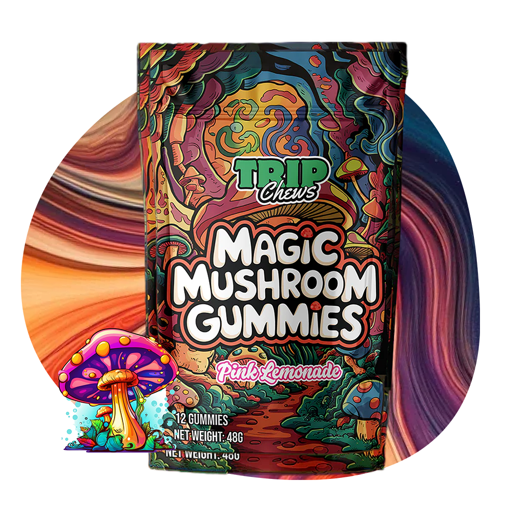 Trip Chews Magic Mushroom Gummies – Pink Lemonade Flavor | Psychedelic-Inspired Packaging with Vibrant, Trippy Design – TripChews.com