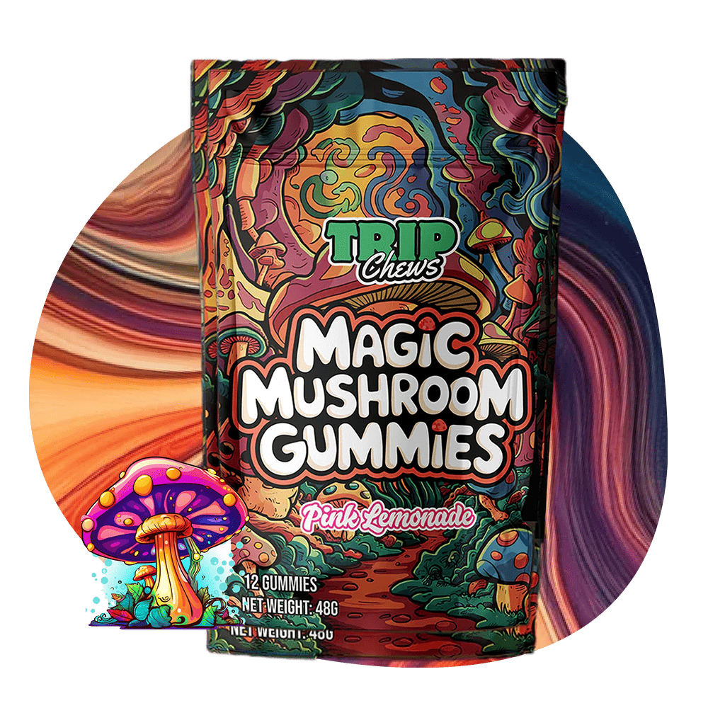 Trip Chews Magic Mushroom Gummies – Pink Lemonade Flavor | Psychedelic-Inspired Packaging with Vibrant, Trippy Design – TripChews.com
