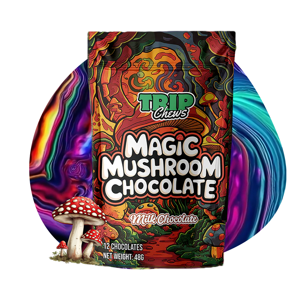 Trip Chews Magic Mushroom Chocolate  – Milk Chocolate  Flavor | Psychedelic-Inspired Packaging with Vibrant, Trippy Design – TripChews.com