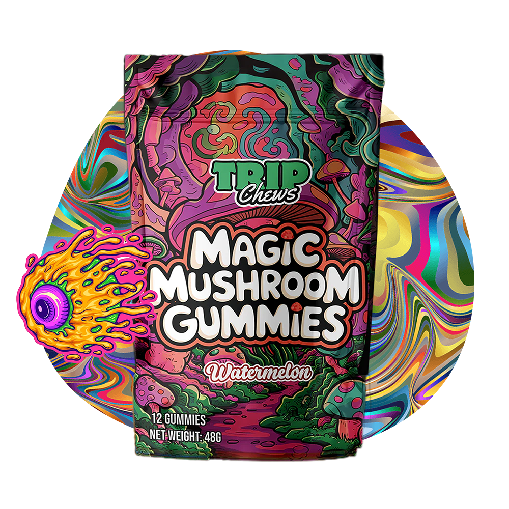 Trip Chews Magic Mushroom Gummies – Watermelon Flavor | Psychedelic-Inspired Packaging with Vibrant, Trippy Design – TripChews.com