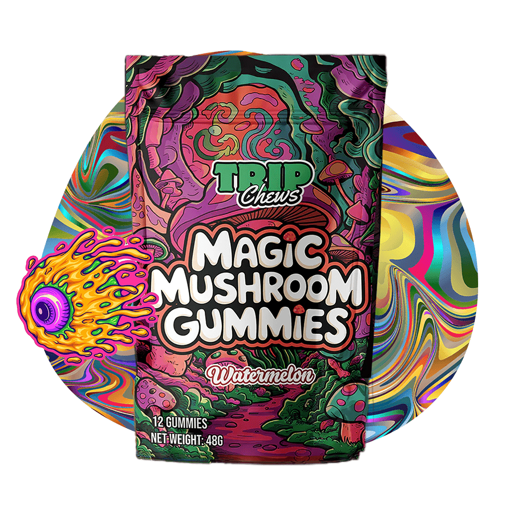 Trip Chews Magic Mushroom Gummies – Watermelon Flavor | Psychedelic-Inspired Packaging with Vibrant, Trippy Design – TripChews.com