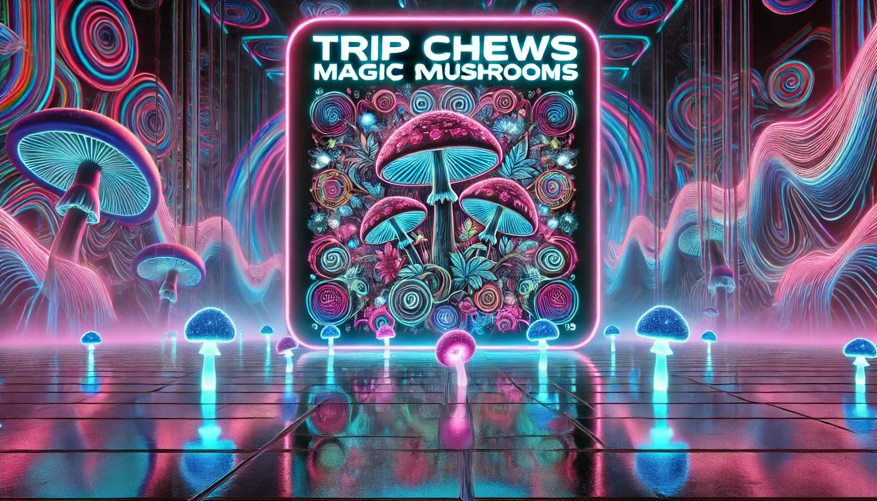 Trip Chews Magic Mushrooms Collection – Psychedelic Neon-Themed Banner with Glowing Mushrooms and Trippy Art | Explore Premium Edibles – TripChews.com