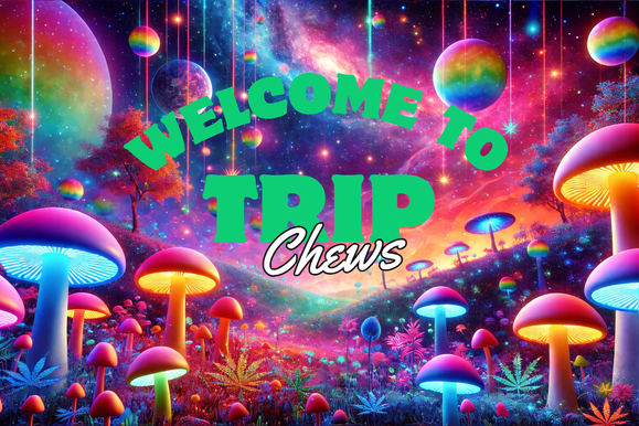 Welcome to TripChews blog hero image featuring a vibrant psychedelic landscape with glowing mushrooms and cosmic elements