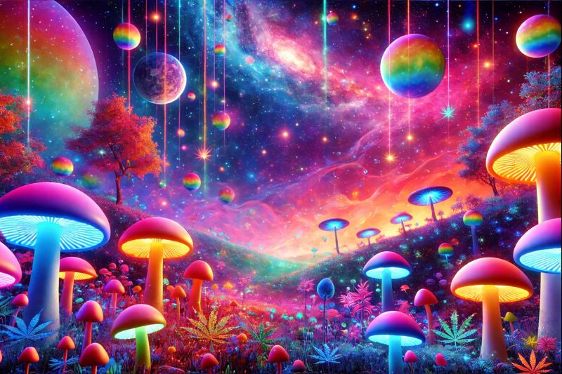 Colorful psychedelic fantasy landscape with glowing mushrooms, floating planets, and a vibrant cosmic sky