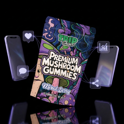 Colorful package of Trip Chews Premium Mushroom Gummies on a reflective surface with digital icons overlayed.