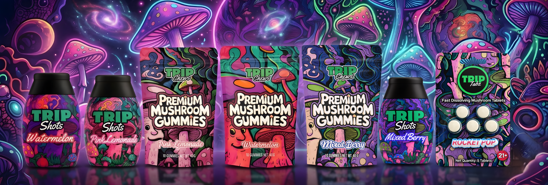 Trip Chews product lineup featuring mushroom gummies, liquid shots, and fast dissolve tablets in multiple flavors