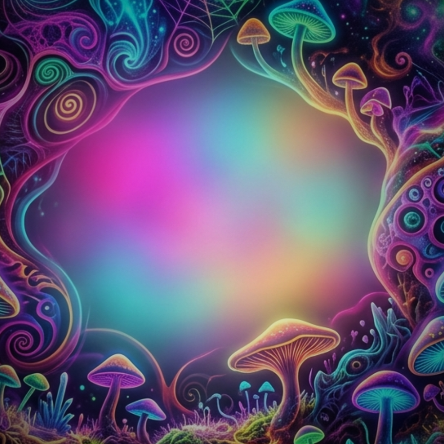 Colorful psychedelic art with mushrooms and abstract patterns