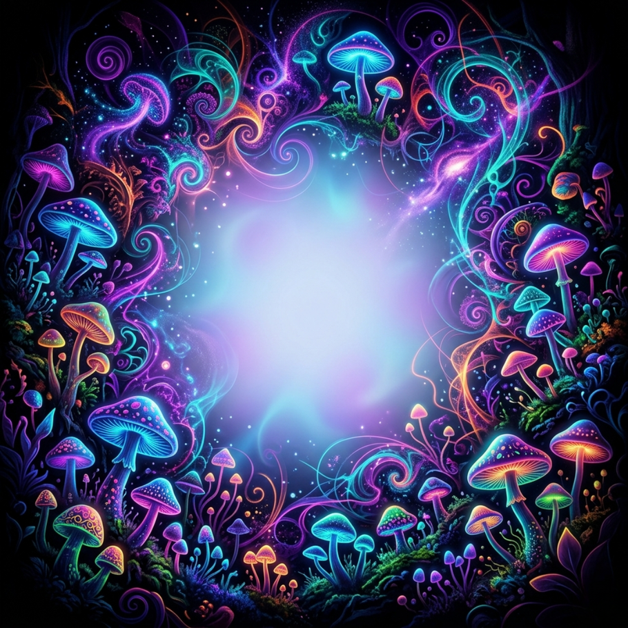 Colorful fantasy illustration of mushrooms and swirling patterns