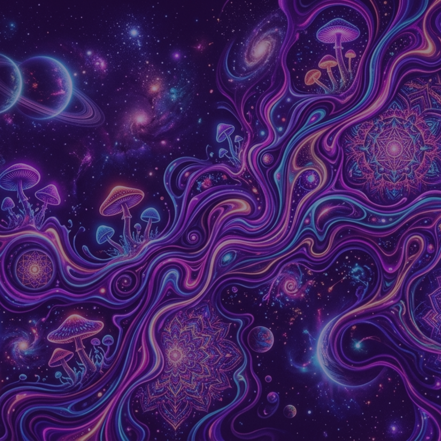 Colorful abstract design with mushrooms and cosmic elements on a dark purple background