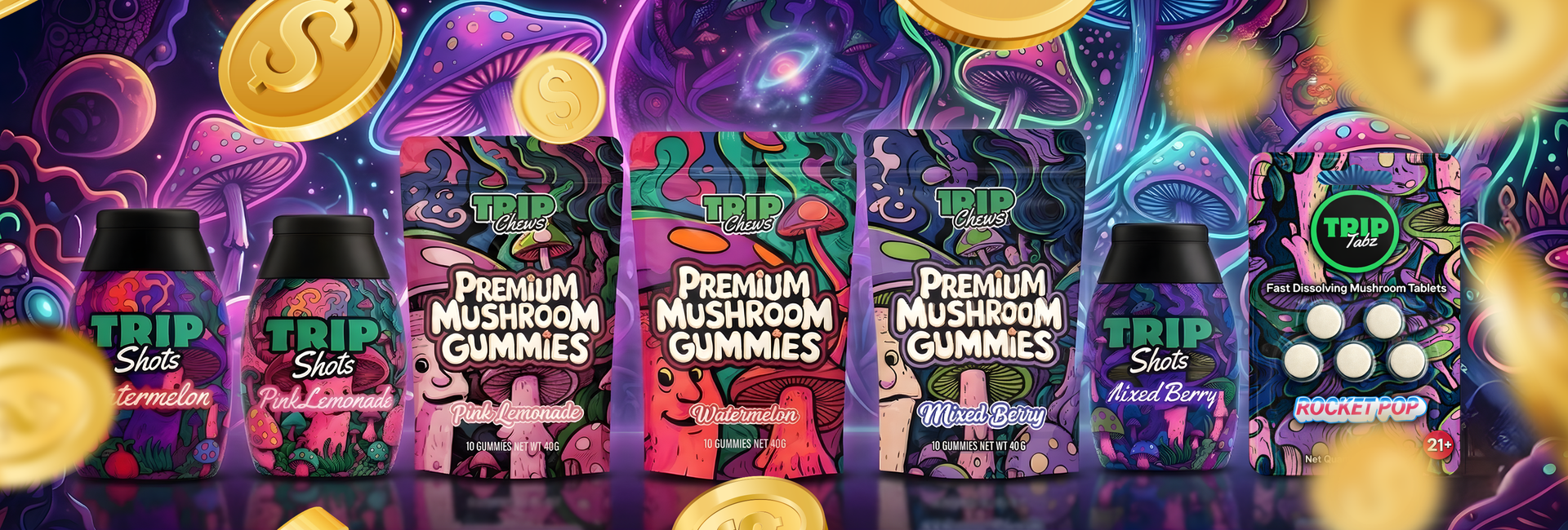 Trip Chews product lineup featuring mushroom gummies, liquid shots, and fast dissolve tablets in multiple flavors