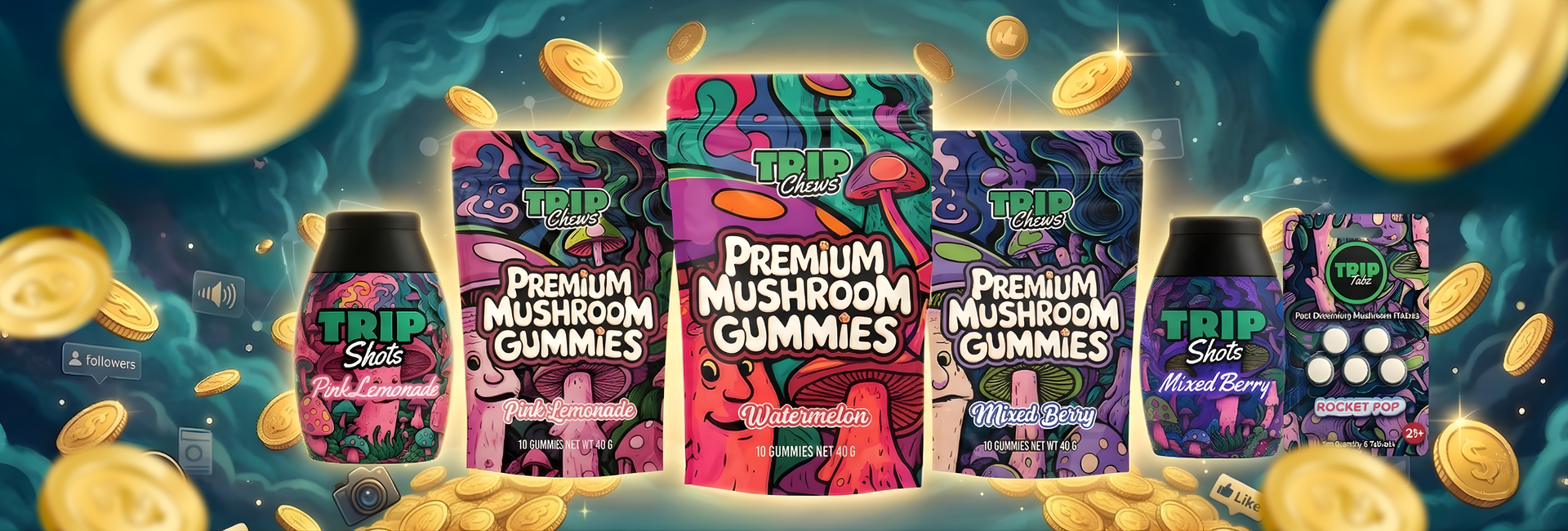 Trip Chews product lineup featuring mushroom gummies, liquid shots, and fast dissolve tablets in multiple flavors