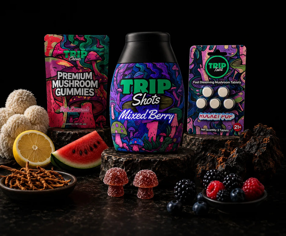 TRIP products including mushroom gummies, shots, and tablets on a dark background with mushrooms and berries.