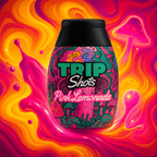 Colorful bottle labeled 'Trip Shots Pink Lemonade' on a vibrant, abstract background with mushrooms.