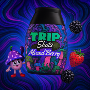 Colorful 'Trip Shots Mixed Berry' bottle with mushroom character and berries on a wavy purple and blue background