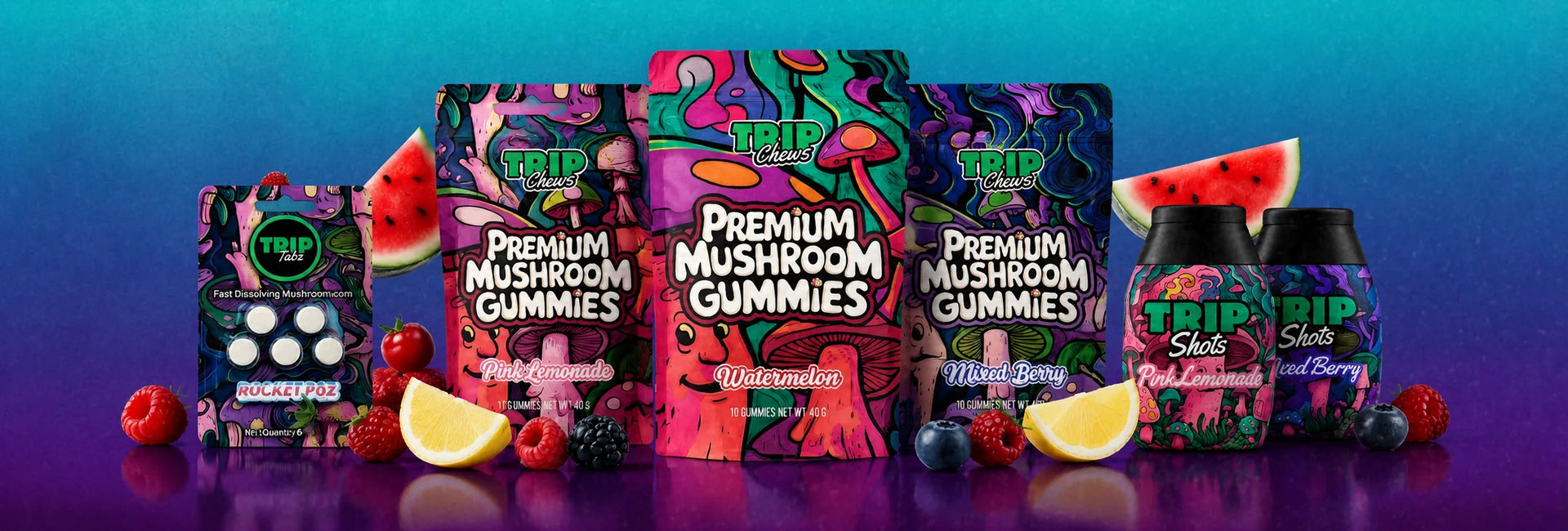 Assorted packs of Trip Premium Mushroom Gummies on a gradient purple and blue background
