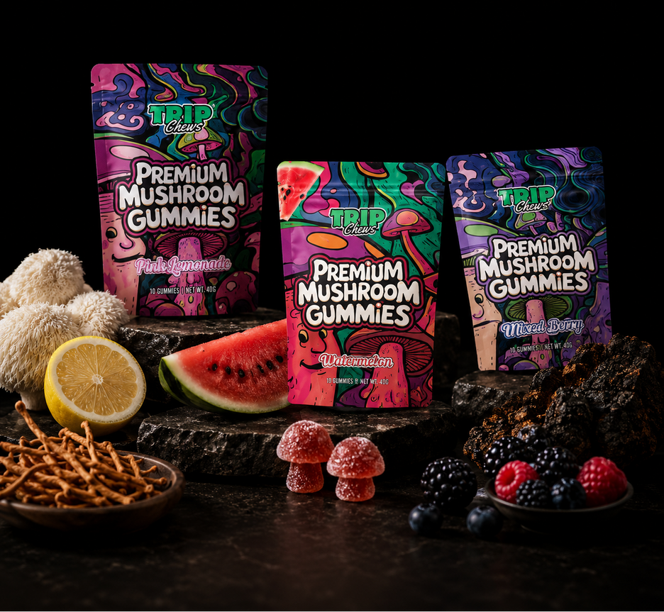 Three packages of Trip Chews Premium Mushroom Gummies on a dark surface with snacks and fruits.