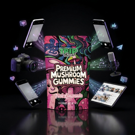 Colorful package of 'Trip Chews Premium Mushroom Gummies' with digital devices and icons on a dark background