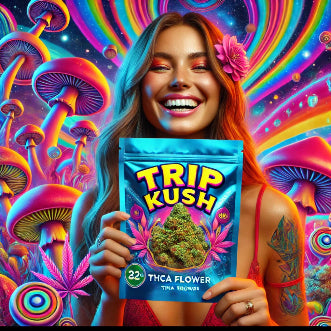 files/DALL_E_2025-02-28_11.34.12_-_A_vibrant_psychedelic-themed_advertisement_featuring_a_smiling_woman_holding_a_Trip_Kush_Mylar_bag_of_THCa_flower._The_background_should_be_colorful.webp