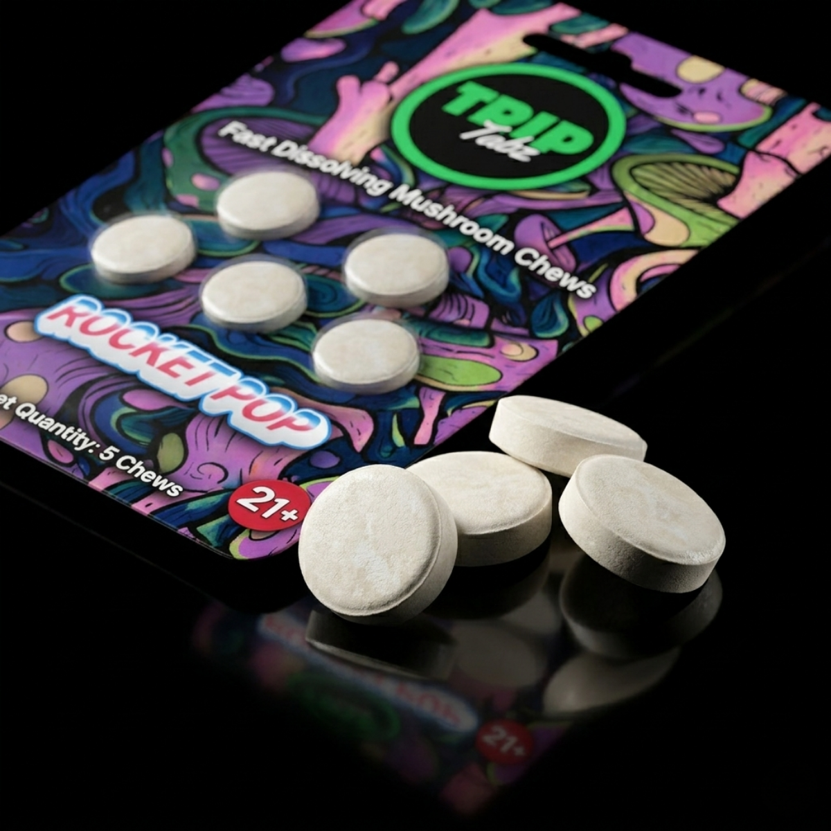 TPiP Rocket Pop mushroom chews packaging with white tablets on a black background