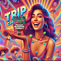 Colorful advertisement for Trip chews premium mushroom gummies with a woman holding a package against a psychedelic background.