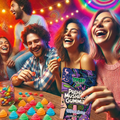 Group of friends enjoying Trip Chews mushroom gummies in a colorful social setting