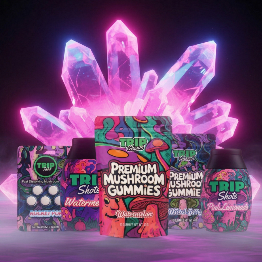 Trip Chews mushroom gummies, liquid shots, and tablets displayed with glowing crystal backdrop