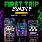 First Trip Bundle product image featuring one 6-count Trip Chews Gummies bag, one Trip Shot bottle, and one Rocket Pop Trip Tabz blister pack displayed on a black reflective surface with colorful smoke effects. Text highlights "Starter Bundle" and includes 1 Gummies, 1 Shot, and 1 Tabz. Designed as an introductory bundle for customers who want to experience all three Trip Chews product formats.