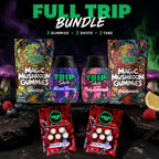 Full Trip Bundle featuring two Trip Chews gummy packs, two Trip Shots liquid enhancers, and two Rocket Pop Trip Tabz packs arranged together on a dark premium background with colorful fruit accents and atmospheric smoke effects.