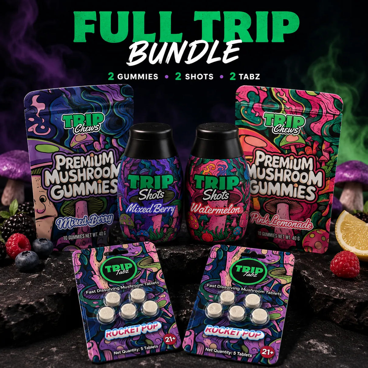 Full Trip Bundle featuring two Trip Chews gummy packs, two Trip Shots liquid enhancers, and two Rocket Pop Trip Tabz packs arranged together on a dark premium background with colorful fruit accents and atmospheric smoke effects.