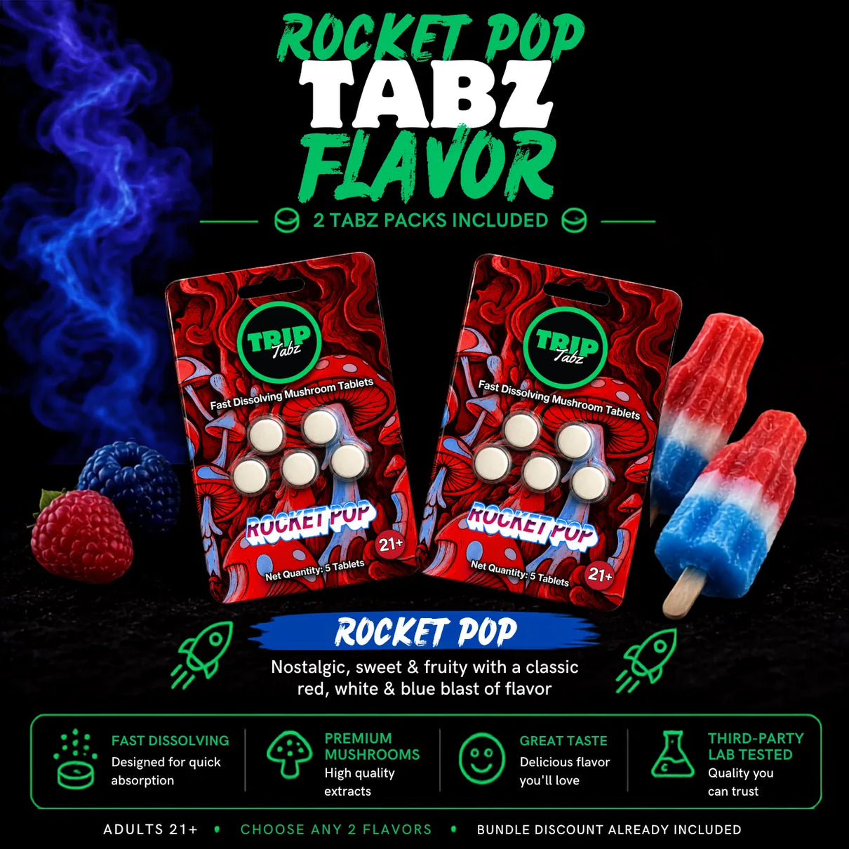 Trip Tabz flavor infographic for the Full Trip Bundle featuring Rocket Pop fast-dissolving mushroom tablets. Graphic shows two Rocket Pop Tabz packs included in the bundle, highlights fast-dissolving tablet format, premium mushroom extracts, third-party lab testing, nostalgic red-white-and-blue Rocket Pop flavor, and included bundle savings.