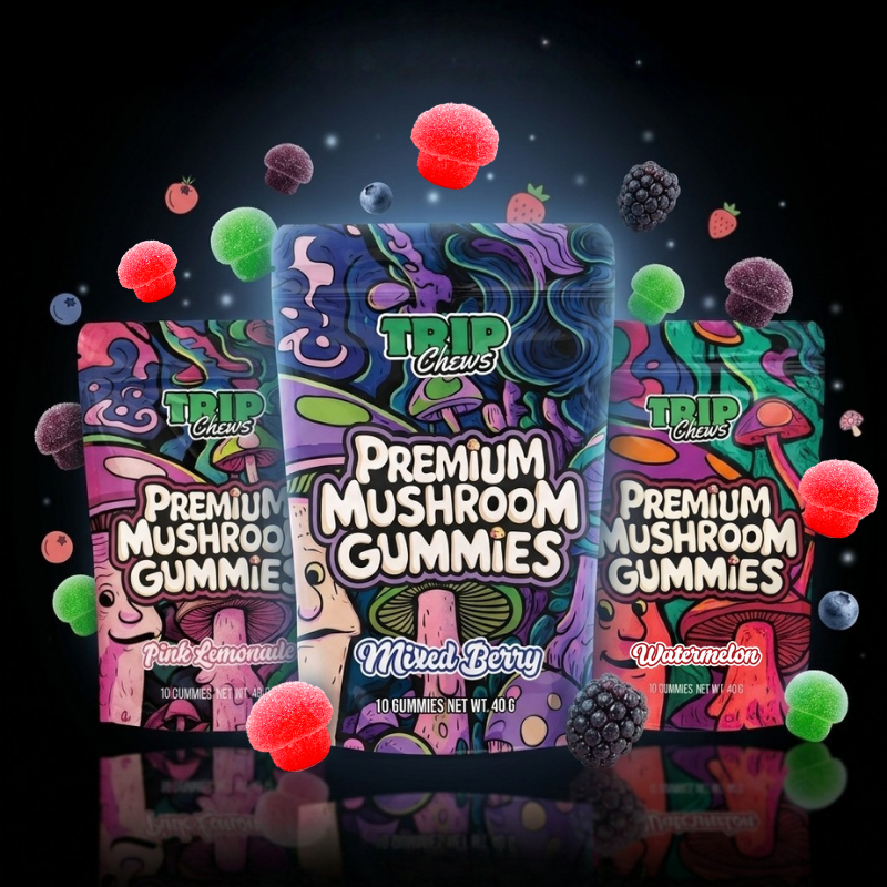 Three packages of Trip Chews Premium Mushroom Gummies with colorful designs on a dark background.